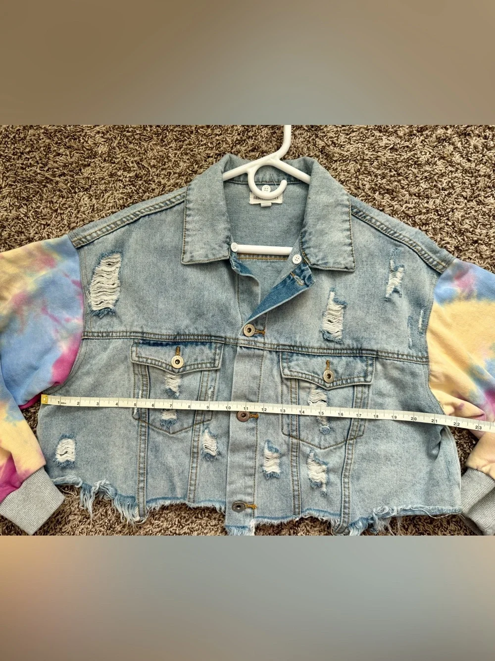 Distressed Tie Dye Light Wash Cropped Denim Jacket S/M